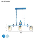 GobekUsa Cartoon 3 Bulbs Island Pendant Light with Dual Cylinder Pendulum Sky/Water Blue Glass Shades