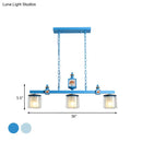 GobekUsa Cartoon 3 Bulbs Island Pendant Light with Dual Cylinder Pendulum Sky/Water Blue Glass Shades