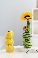 Green & black striped watermelon ceramic fruit vase for kitchen by Decorbites