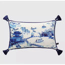 GobekUsa Chinese City Landscape Velvet Lumbar Pillow Cover with Tassels, 30x50cm