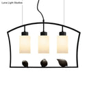 GobekUsa Chinese Style Cylinder Island Light Fixture - 3-Bulb White Glass Ceiling Lamp with Bird Decor in Black