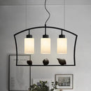 GobekUsa Chinese Style Cylinder Island Light Fixture - 3-Bulb White Glass Ceiling Lamp with Bird Decor in Black