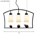 GobekUsa Chinese Style Cylinder Island Light Fixture - 3-Bulb White Glass Ceiling Lamp with Bird Decor in Black