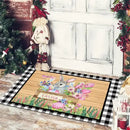 Festive red & white gnomes checkered floor mat kitchen decor by Decorbites
