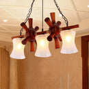 GobekUsa Classic Cream Crackle Glass 3-Light Brown Pendant Light Kit for Dining Room Island with Flared Design and Wood Rudder Deco