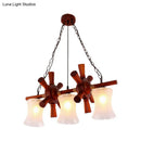 GobekUsa Classic Cream Crackle Glass 3-Light Brown Pendant Light Kit for Dining Room Island with Flared Design and Wood Rudder Deco