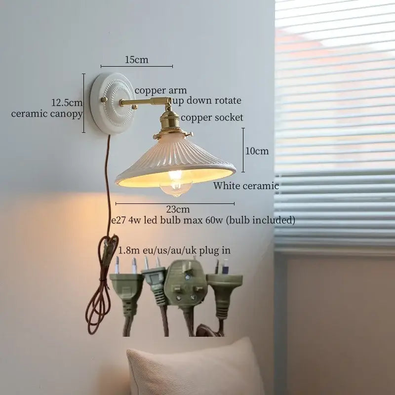 GobekUsa Copper Ceramic LED Wall Light with Pull Chain Switch for Living Room Decor., photo 16 of 21