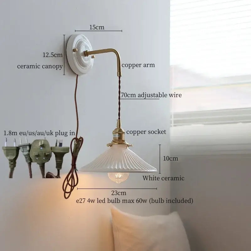 GobekUsa Copper Ceramic LED Wall Light with Pull Chain Switch for Living Room Decor., photo 15 of 21