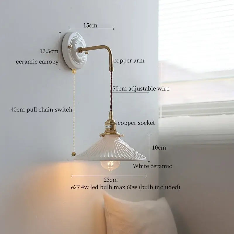 GobekUsa Copper Ceramic LED Wall Light with Pull Chain Switch for Living Room Decor., photo 13 of 21