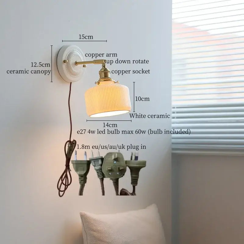 GobekUsa Copper Ceramic LED Wall Light with Pull Chain Switch for Living Room Decor., photo 10 of 21