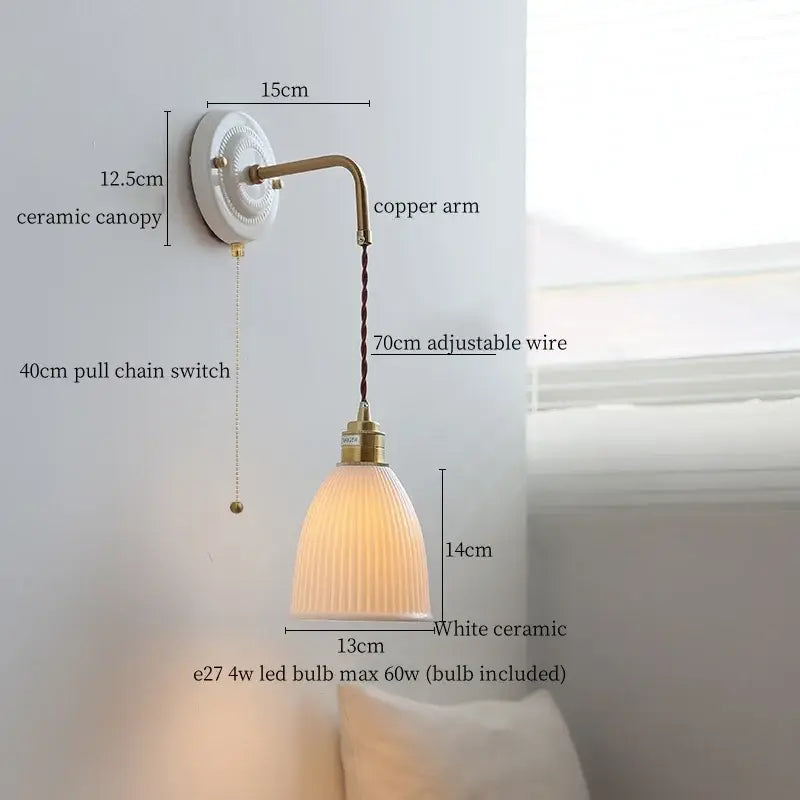 GobekUsa Copper Ceramic LED Wall Light with Pull Chain Switch for Living Room Decor., photo 6 of 21