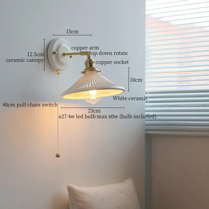 GobekUsa Copper Ceramic LED Wall Light with Pull Chain Switch for Living Room Decor., photo 14 of 21