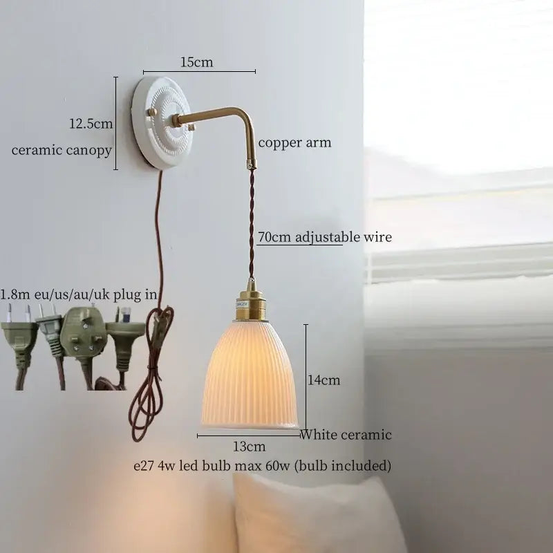 GobekUsa Copper Ceramic LED Wall Light with Pull Chain Switch for Living Room Decor., photo 8 of 21