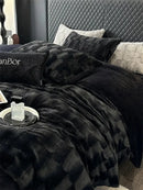 GobekUsa Cozy Faux Rabbit Fur Bedding Set in Black & Grey: Duvet, Sheets, Pillowcases