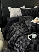 GobekUsa Cozy Faux Rabbit Fur Bedding Set in Black & Grey: Duvet, Sheets, Pillowcases