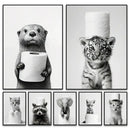 Cute animals canvas framed black & white bathroom wall art set by Decorbites