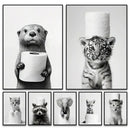 Cute animals canvas framed black & white bathroom wall art set by Decorbites