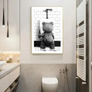 Cute bear bathroom canvas print black and white framed art by Decorbites