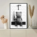 Cute bear bathroom canvas print black and white framed art by Decorbites