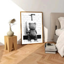 Cute bear bathroom canvas print black and white framed art by Decorbites