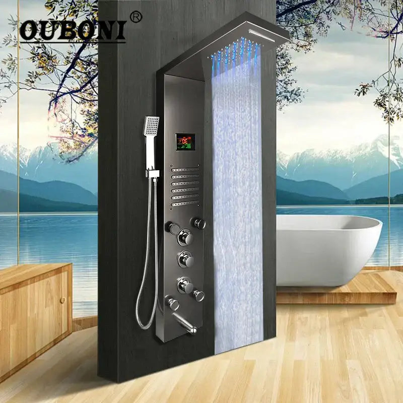 GobekUsa Dark Grey LED Shower Panel Column with Rainfall Waterfall Spa Jets