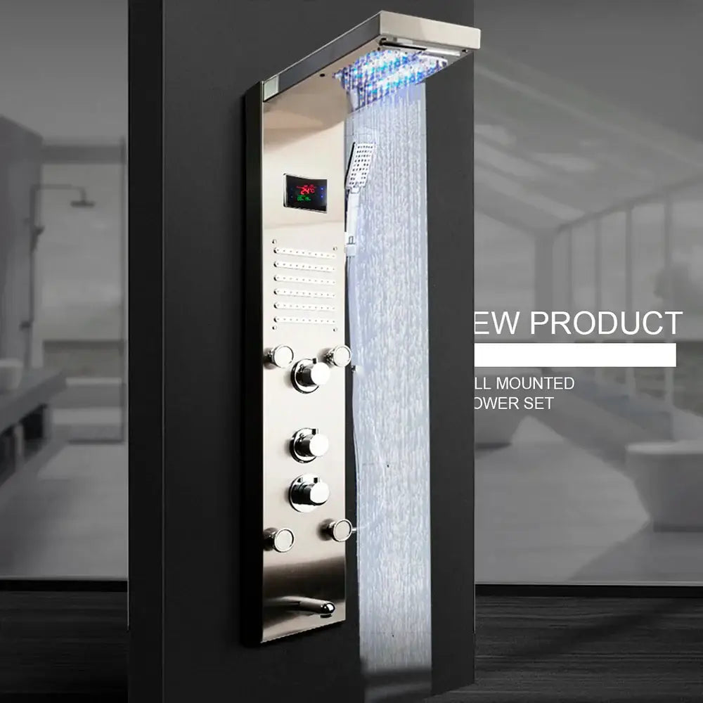 GobekUsa Dark Grey LED Shower Panel Column with Rainfall Waterfall Spa Jets, photo 3 of 8