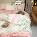 GobekUsa Elegant Embroidery Duvet Cover Set, Blue Pink, 3 Pieces