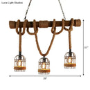GobekUsa Farmhouse Brown Iron Bird Cage Pendant with Rope and Wood Pole - Set of 3 Bulbs