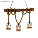 GobekUsa Farmhouse Brown Iron Bird Cage Pendant with Rope and Wood Pole - Set of 3 Bulbs