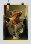 Vintage highland cow reading newspaper funny animal bathroom wall art by Decorbites