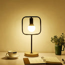 GobekUsa Geometric Frame Metal Table Lamp with Round Wooden Base - Stylish Industrial Bedside Night Light