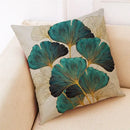 Teal and gold ginkgo leaves linen cushion cover living room by Decorbites