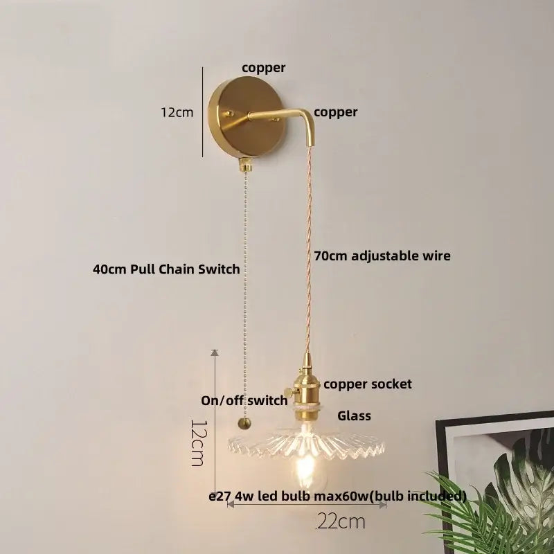 GobekUsa Glass Wall Lamp with Pull Chain Switch and Adjustable LED Light, photo 7 of 22