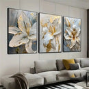 Abstract white & gold flower canvas wall art living room 3 panel decor by Decorbites