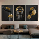 Modern black & gold african woman canvas art triptych living room by Decorbites