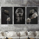 Modern black & gold african woman canvas art triptych living room by Decorbites