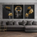 Modern black & gold african woman canvas art triptych living room by Decorbites