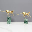 GobekUsa Golden Leopard Brass Cheetah Figurine Green Marble Base Metal DecorAccessory