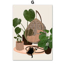 GobekUsa Green Plants Black Cat Canvas Wall Art
