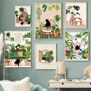 GobekUsa Green Plants Black Cat Canvas Wall Art