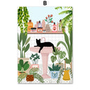 GobekUsa Green Plants Black Cat Canvas Wall Art