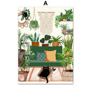 GobekUsa Green Plants Black Cat Canvas Wall Art