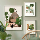 Botanical green plants and black cat framed wall art set living room