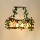 GobekUsa Industrial Black Metal Island Lamp with 4-Light Rectangle Design and Stylish Faux Plant Decor