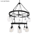 GobekUsa Industrial Pendant Chandelier: 2-Tier Wheel Multi-Light Lamp with Clear Glass, Black Finish, and Cylinder Shade