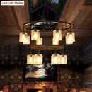 GobekUsa Industrial Pendant Chandelier: 2-Tier Wheel Multi-Light Lamp with Clear Glass, Black Finish, and Cylinder Shade