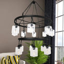 GobekUsa Industrial Pendant Chandelier: 2-Tier Wheel Multi-Light Lamp with Clear Glass, Black Finish, and Cylinder Shade