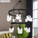 GobekUsa Industrial Pendant Chandelier: 2-Tier Wheel Multi-Light Lamp with Clear Glass, Black Finish, and Cylinder Shade