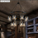 GobekUsa Industrial Pendant Chandelier: 2-Tier Wheel Multi-Light Lamp with Clear Glass, Black Finish, and Cylinder Shade