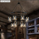 GobekUsa Industrial Pendant Chandelier: 2-Tier Wheel Multi-Light Lamp with Clear Glass, Black Finish, and Cylinder Shade